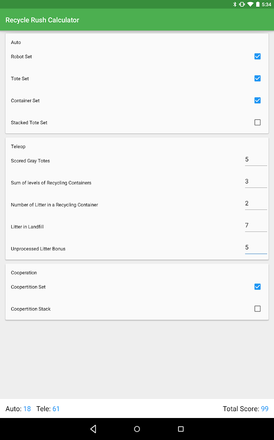    FRC Recycle Rush Calculator- screenshot  