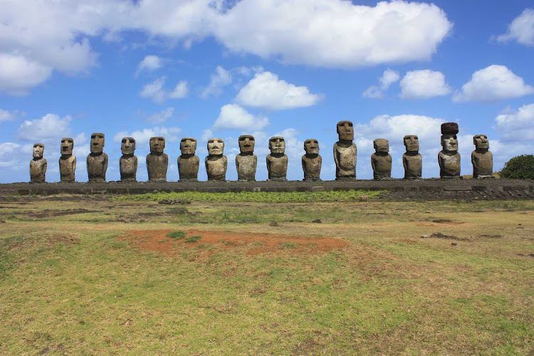 Statues at Ahu Tongariki on Chile's Easter Island in the Pacific.
