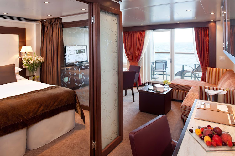 All Penthouse Suites on Seabourn Odyssey offer a dinning area, private veranda, fully stocked bar, and more.