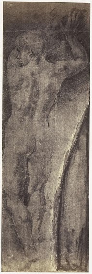 Fotoreproductie van een tekening van Giulio Romano, staand mannelijk naakt in werphouding