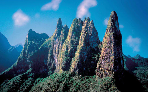 The dramatic La Diademe mountain peaks in Tahiti, the largest and most populated island in French Polynesia.
