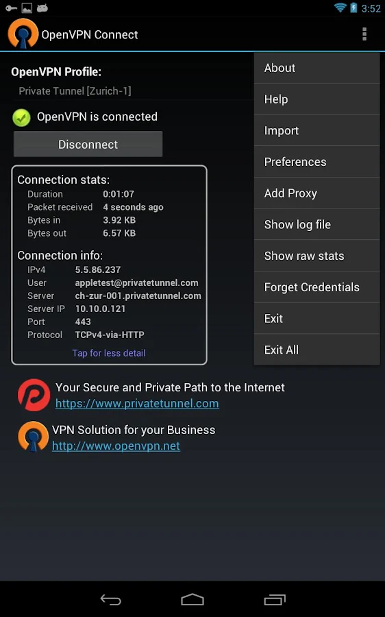 OpenVPN Connect- tangkapan layar