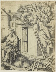 Fotoreproductie van de gravure Les couvreurs sur le toit