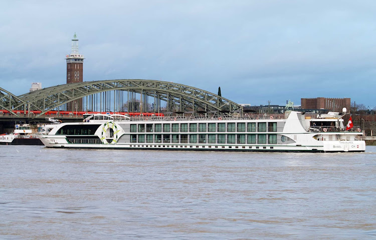 Tauck's 98-passenger Treasures river cruise ship, in Cologne, Germany. The ship,  launched in 2011, sails Europe's inland waterways.