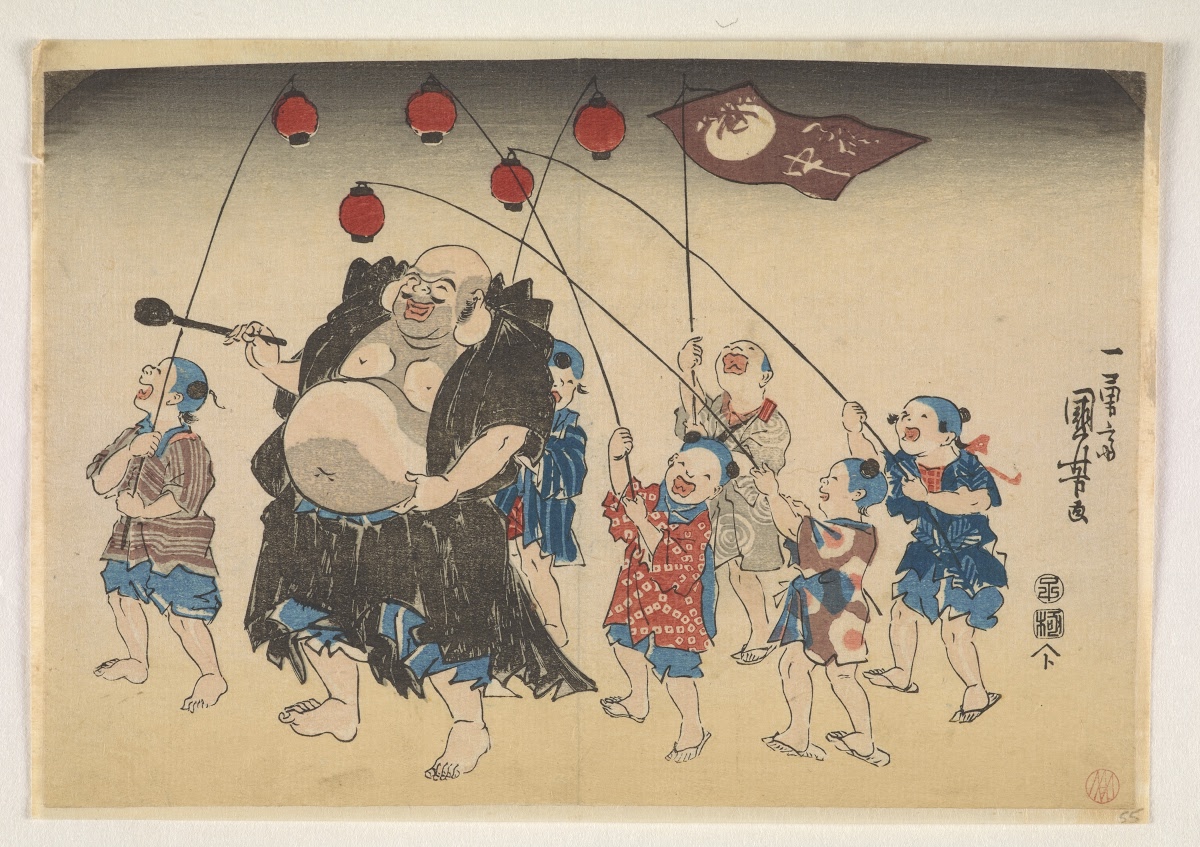 Hotei and children carrying lanterns - Artist: Utagawa Kuniyoshi ...