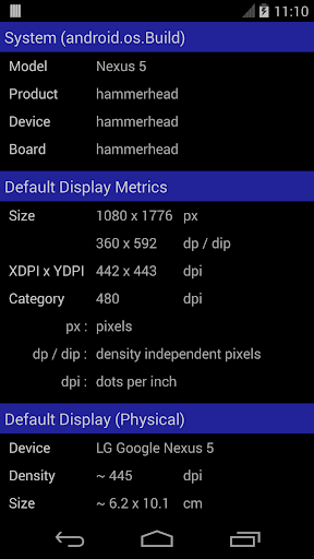 Screen Size DPI and Dev Info