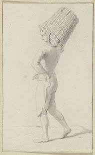 Staande man met hand in de zij en mand op het hoofd