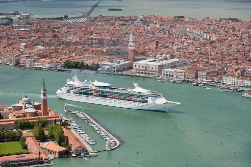 Grandeur-of-the-Seas-aerial-Venice - Grandeur of the Seas sailing into Venice, Italy. The ship now sails in the Caribbean.