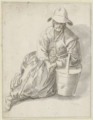 Zittende vrouw, leunend op een mand