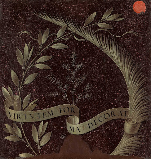 Wreath of Laurel, Palm, and Juniper with a Scroll inscribed Virtutem Forum Decorat [reverse]
