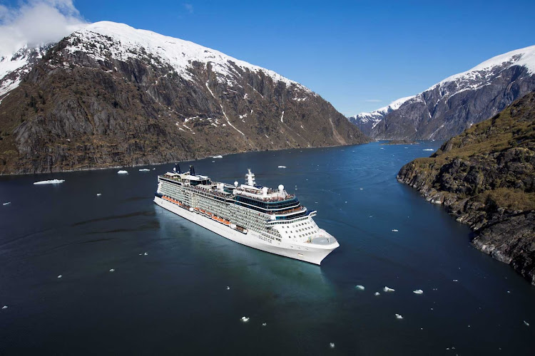 Sail down Alaska's Tracy Arm Fjord between ice-capped glaciers during a summmer cruise aboard Celebrity Solstice.