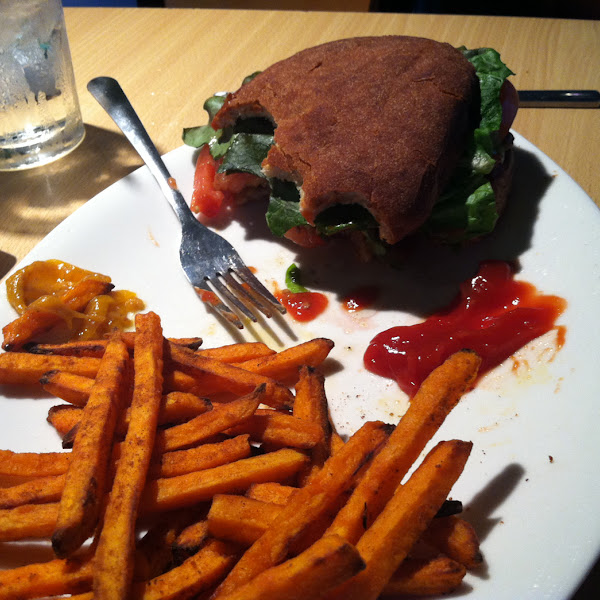 Burger with gf bun sweet potato fries delish!