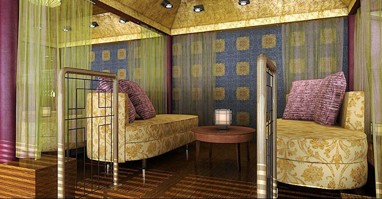 Head to the Silk Den on your Eurodam cruise for a private, stylish curtained alcove. This modern Asian-influenced decor is by Finland-based architects Yran and Storbraaten.