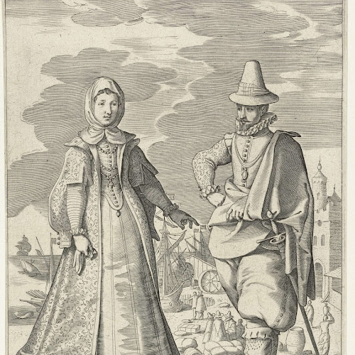 Paar, gekleed volgens de mode uit Portugal, ca. 1610, Pieter de Jode (I ...