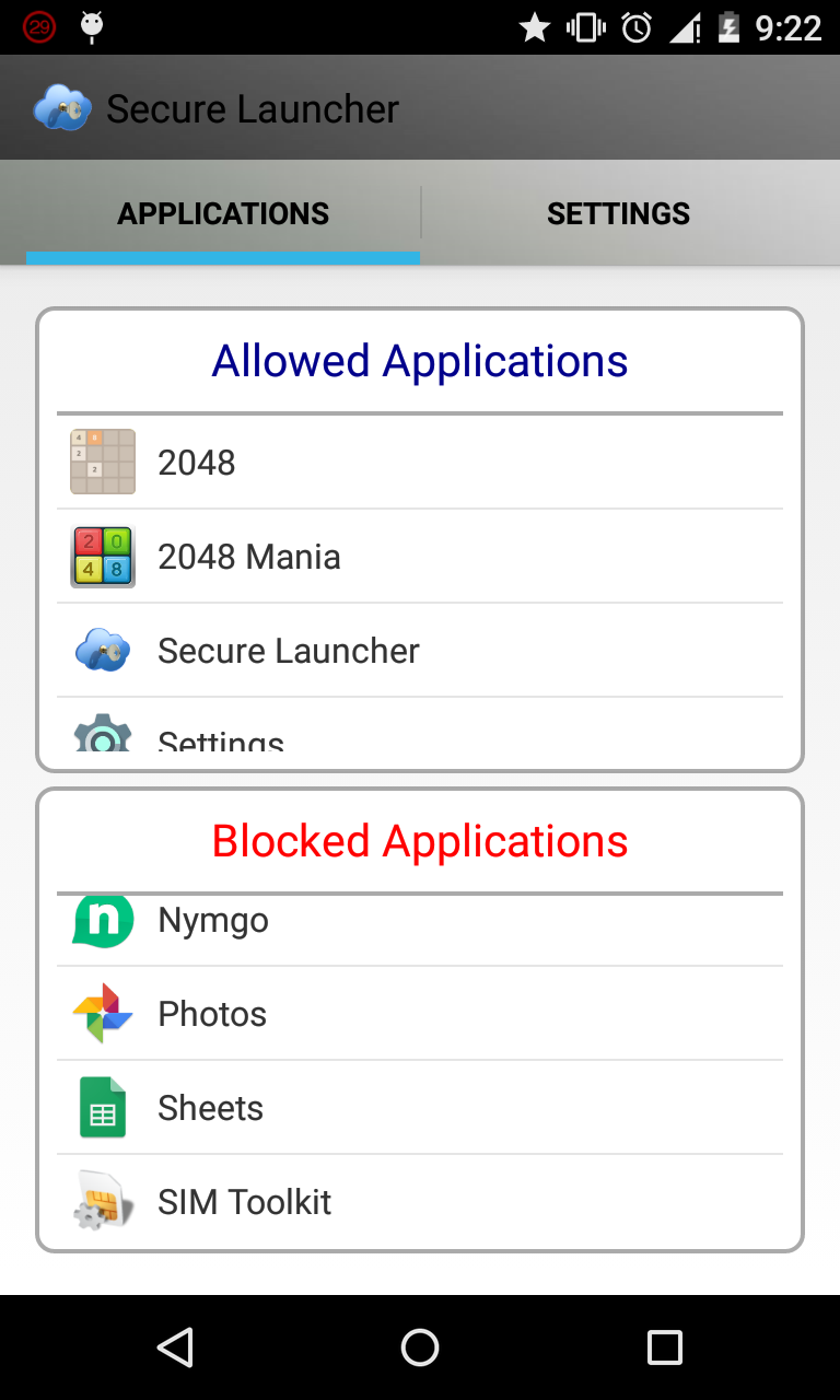 Secure Launcher Screen 1