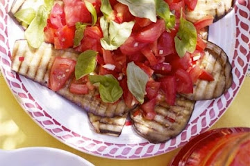 Grilled aubergine & tomato salad