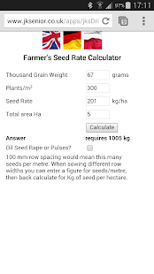 Android application Seed Rate cal per row&amp;sq metre screenshot