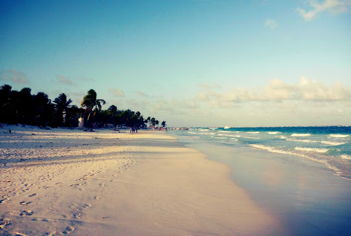 The beach at Playa del Carmen, Mexico, in late afternoon.
