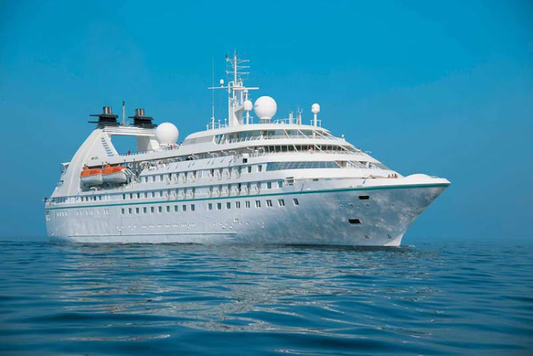 Windstar Cruises' Star Breeze anchored in Venice. Notice the large round domes atop the ship: They're protective shells that encase free-moving antennas that transmit satellite communications.