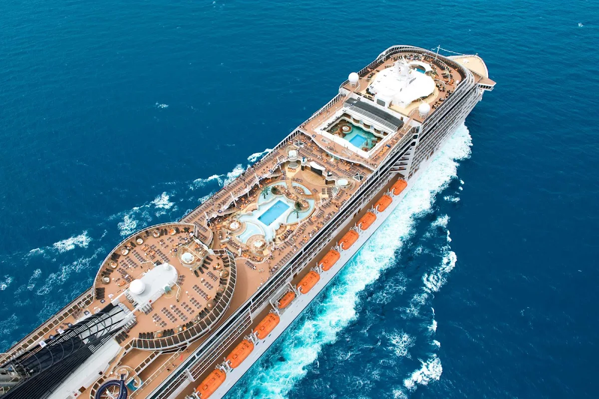 MSC-Splendida-Aerial-View - Multiple pools and sunning areas give guests on MSC Splendida many ways to soak in the seductive beauty of the Mediterranean.