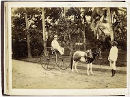 Portret van Mr. Riak in kar met pony en bediende Sais, Langkat Sumatra