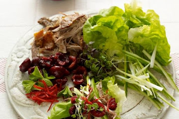 DIY crispy duck lettuce cups with cherries and mint