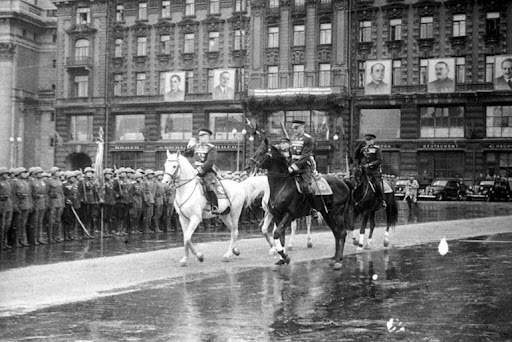 Moscow Victory Parade. Parade Commander K. K. Rokossovsky, Parade Inspector Zhukov