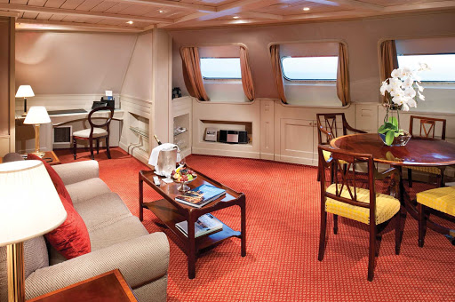 Silver_Wind_Royal_Suite - The Royal Suite aboard Silver Wind lets you spread out with its extra living space, separate dining area, writing desks and lounge furniture.