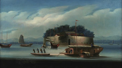 Folly Fort with junks and houseboats or flowerboats, Canton, 19th century