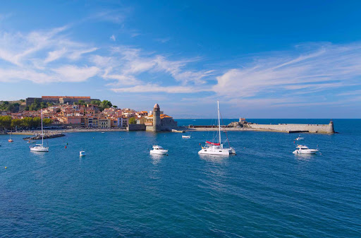 A waterside view of Collioure, a commune in the Pyrénées-Orientales department  of southern France.