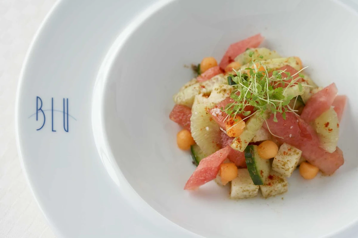 Blu_watermelon_jicama_salad - Try the refreshing, sweet watermelon jicama salad while dining at Celebrity Cruises's Blu restaurant.