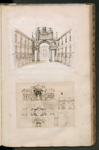 Arco trionfale allestito in via Po a Torino per le nozze di Carlo Emanuele di Savoia and Pensieri per la facciata sui giardini della citroniera e scuderia grande alla Venaria Reale