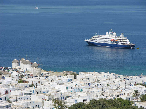 SeaDreamI-in-Mykonos-Greece - SeaDream I moors off the popular cruise destination of Mykonos, Greece