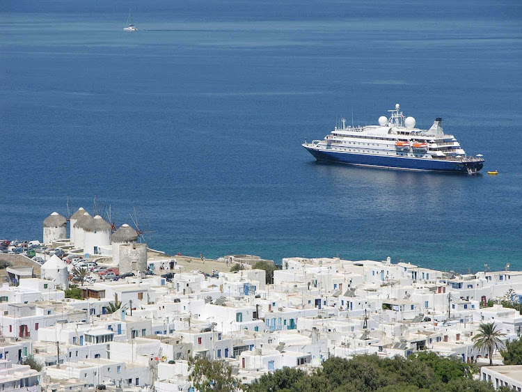 SeaDream I moors off the popular cruise destination of Mykonos, Greece