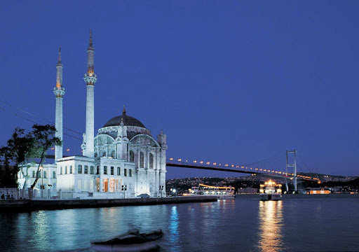 The Ortaköy Mosque at night in Istanbul.