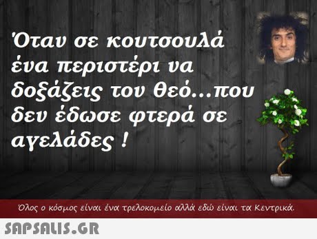 Όταν σε κουτσουλά ενα περιστερι να δοξάζεις τον θεό που δεν έδωσε φτερά σε αγελάδες ! Ολος ο κόσμος είναι ένα τρελοκομείο αλλά εδώ είναι τα κεντρικά. 