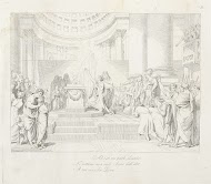 Napoleon maakt een offer bij een altaar in een tempel, een menigte kijkt toe