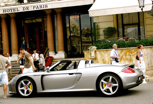 Porsche-Carrera-GT-Monte-Carlo - A  Porsche Carrera GT outside the Hotel de Paris in Monte Carlo, Monaco. 