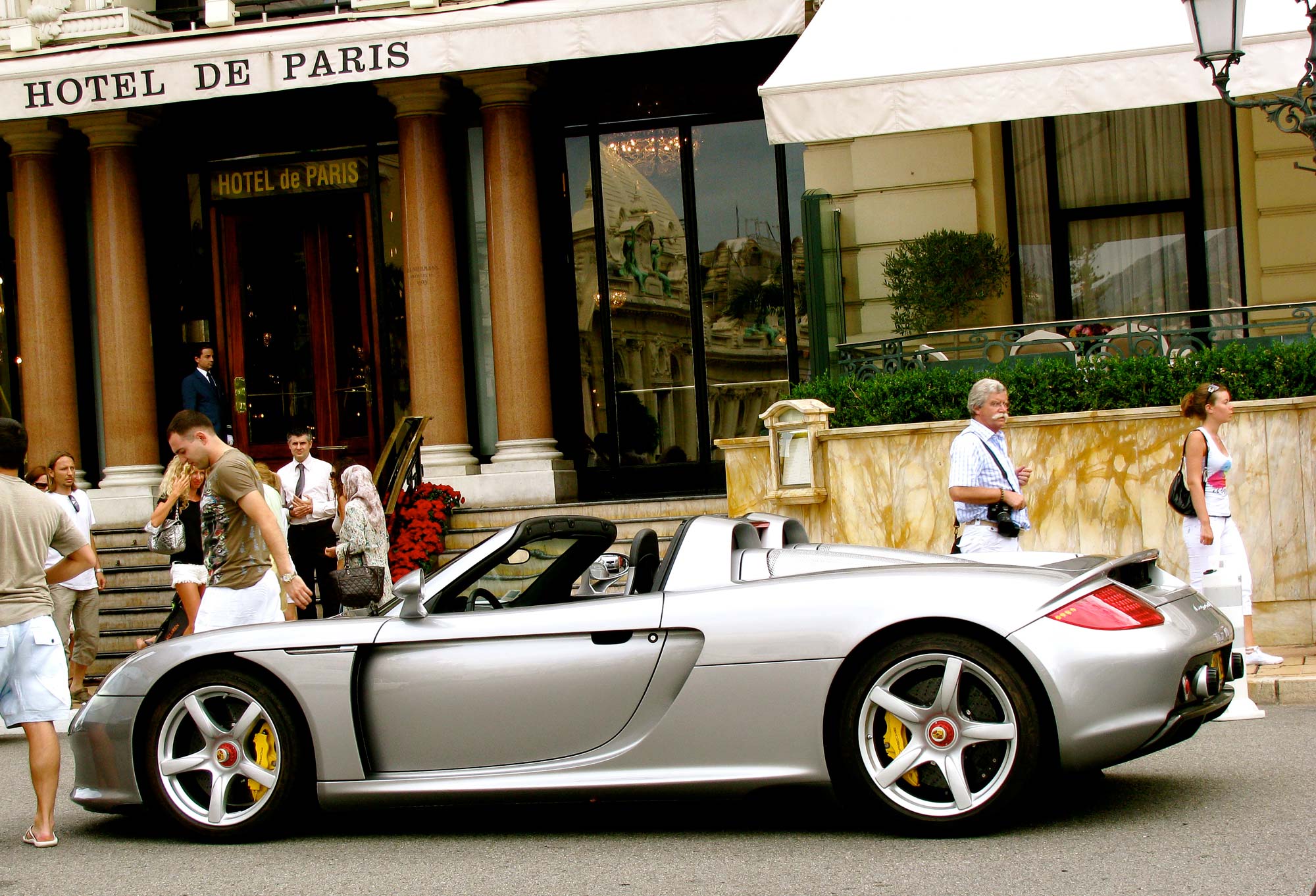 A Porsche Carrera GT outside the Hotel de Paris in Monte Carlo.