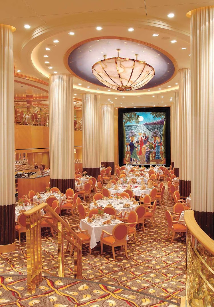 Tides, the main dining room on Jewel of the Seas, is decorated with large curtain-clad pillars that give it the look of great ocean liners of generations past and present.