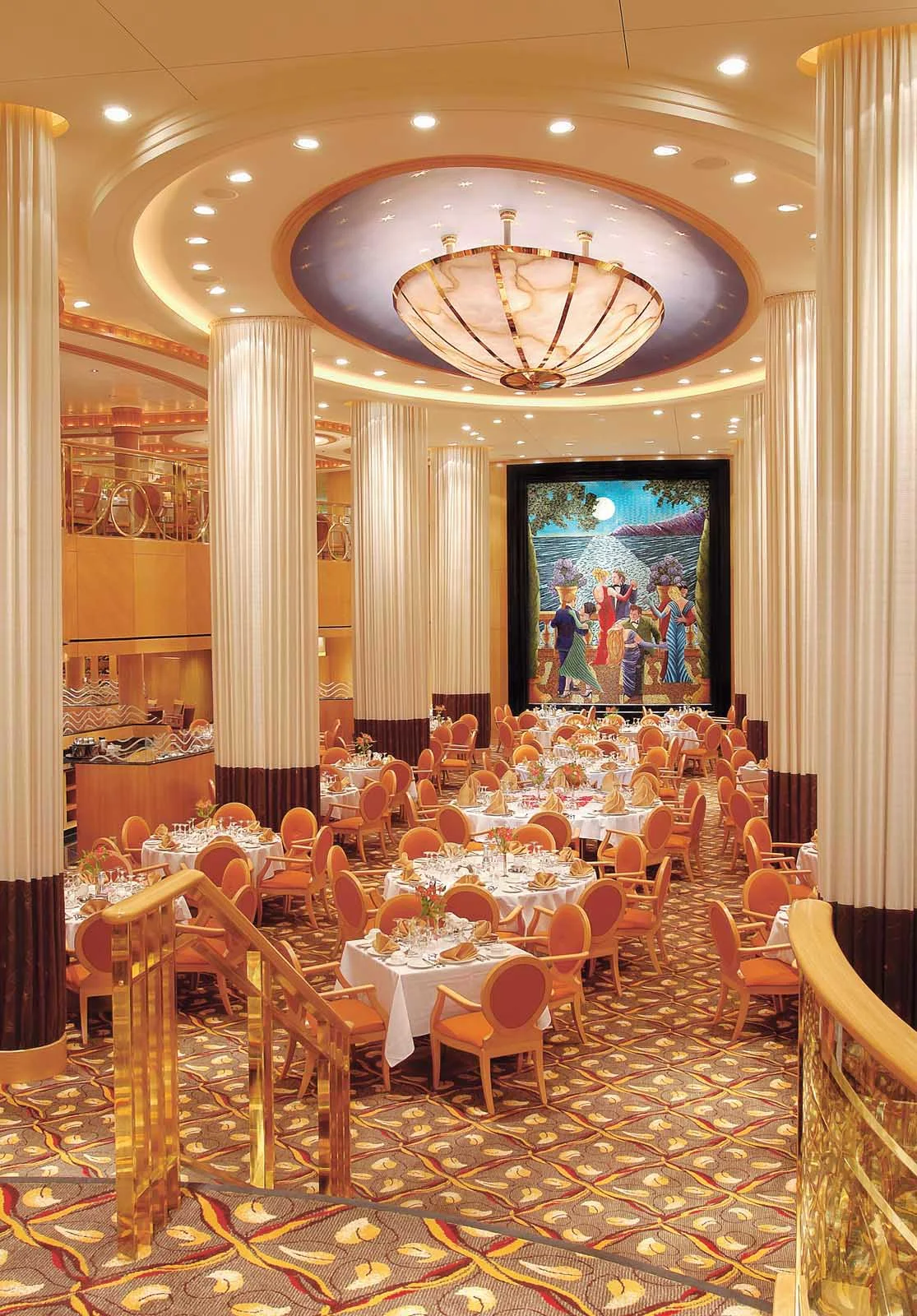 Jewel-of-the-Seas-Tides-dining-room - Tides, the main dining room on Jewel of the Seas, is decorated with large curtain-clad pillars that give it the look of great ocean liners of generations past and present.