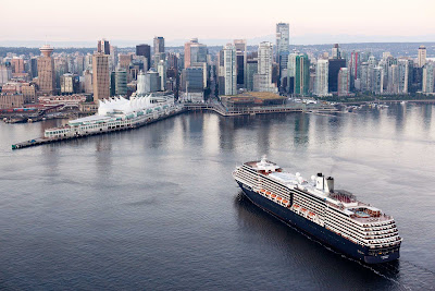 The Vancouver BC cruise ship terminal with  Holland America Line's Zuiderdam cruising into port
