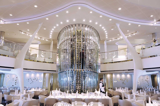 An eye-catching wine tower is the visual focal point of Celebrity Solstice's Grand Epernay dining room.