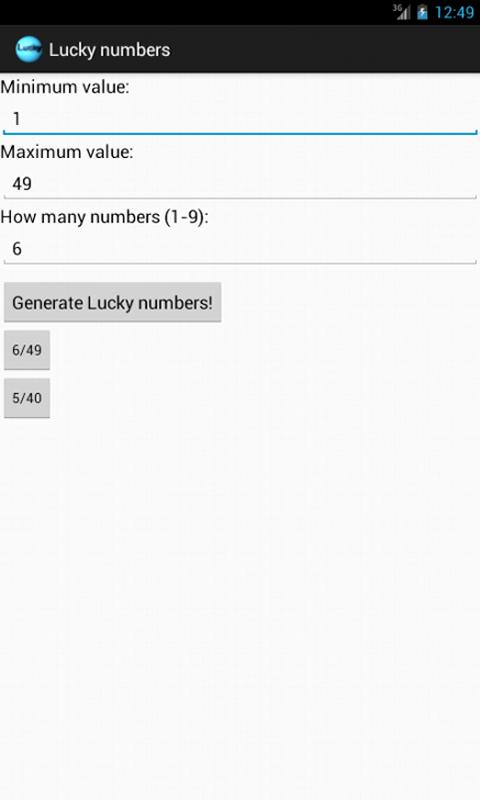 Android application Lucky numbers screenshort
