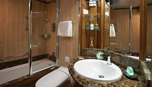 Silver_Cloud_bathroom_Vista_Veranda - The Vista and Veranda Suites on Silver Cloud offer a marble bathroom with a shower, and some include a shower/tub combination.