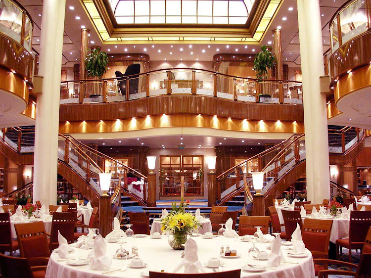 All hail Britannia! Inside the Britannia Restaurant, looking toward the entrance, aboard Queen Mary 2.