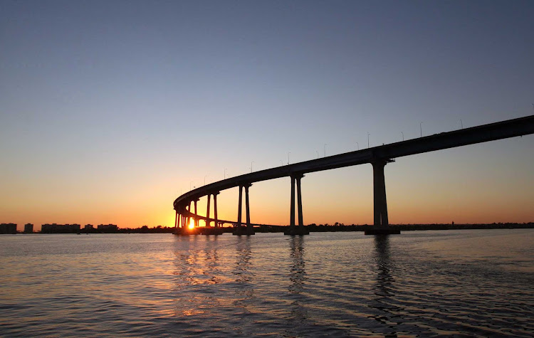 The Coronado Bridge as sunset in San Diego, California.