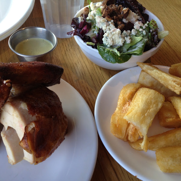 Dry rub roasted chicken, fried yucca and salad with candied pecans, blue cheese and buttermilk dress