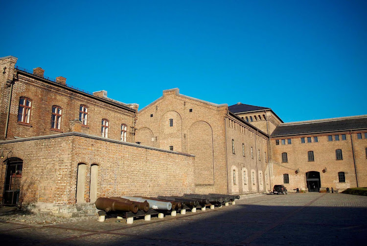 One of the very old parts of the front of the fort of Oslo, Norway, on a clear day.