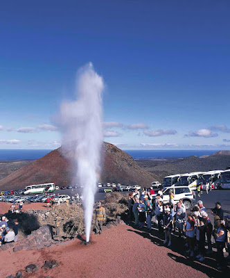 A geyser shoots off at Parque Nacional de Timanfaya in Tinajo on the island of Lanzarote in Las Palmas province.